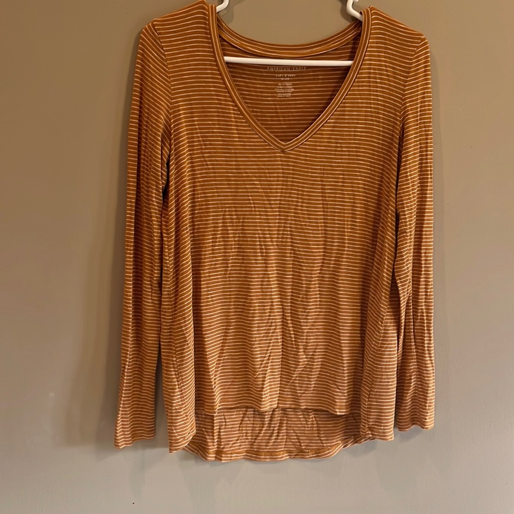 Yellow and white striped shirt, v-neck long sleeve